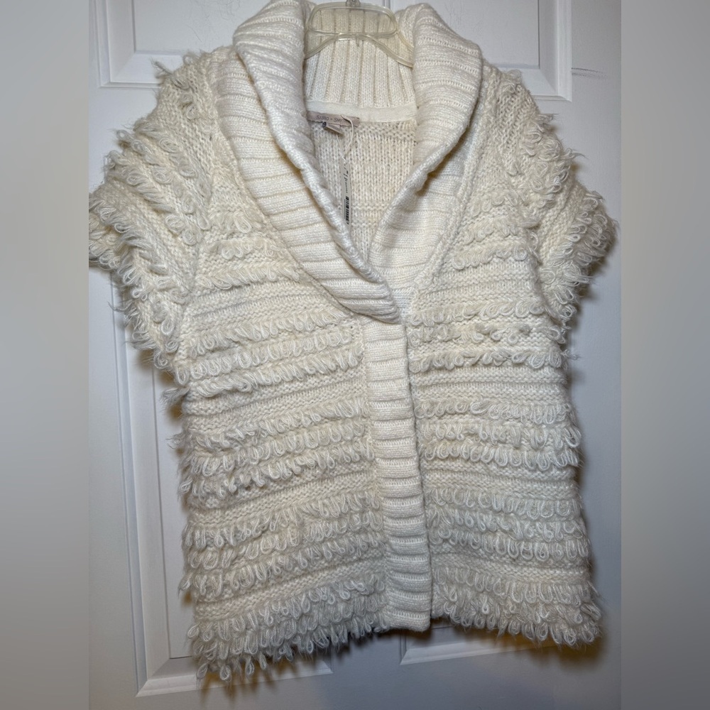 Sasso & Smyth Cream Shaggy Sweater Vest S/M Cowl Neck SS NWT Boho Prairie